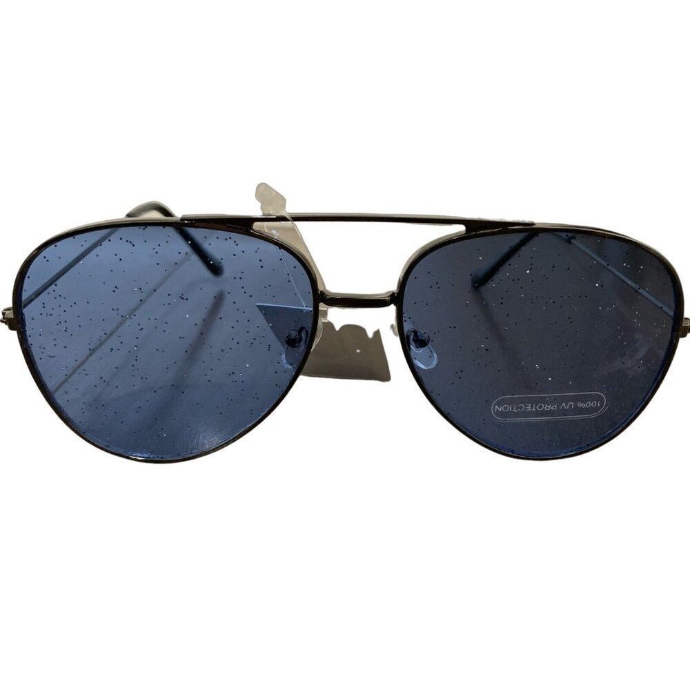 Womens new black frame blue glitter lens sunglasses aviator